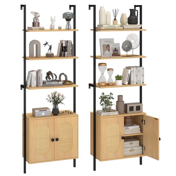 2PCS Ladder Bookshelf with Rattan Cabinet 71" Tall Wall Mounted Bookcase Natural