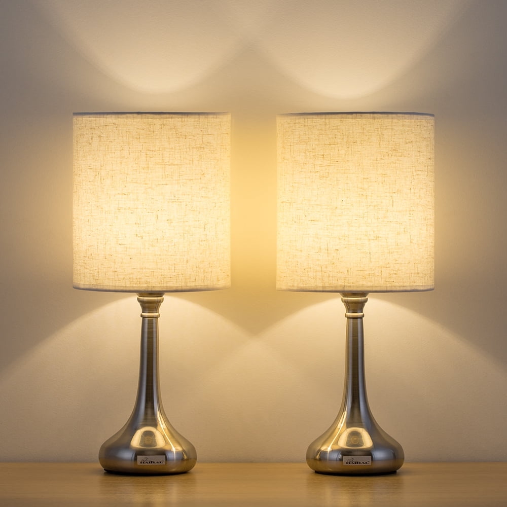2PCS Lamp Bedside Table Light Lampshade White Fabric Shade Metal Base Office