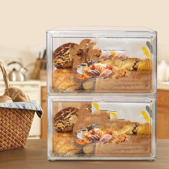 2PCS Large Bread Box for Countertop, Stackable Double Layer Storage Container, Clear Boxes for Kitchen Counter, Bread Keeper for Homemade Bagel, Muffins, Rolls