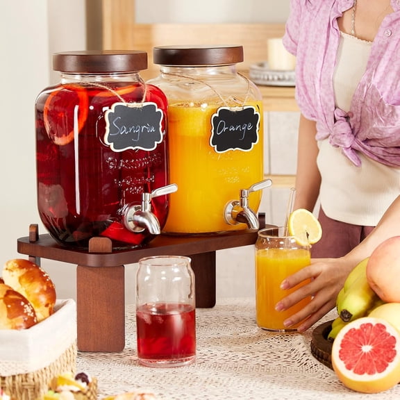 2PCS Large Drink Dispensers for Parties, Glass Beverage Dispenser with Wood Stand