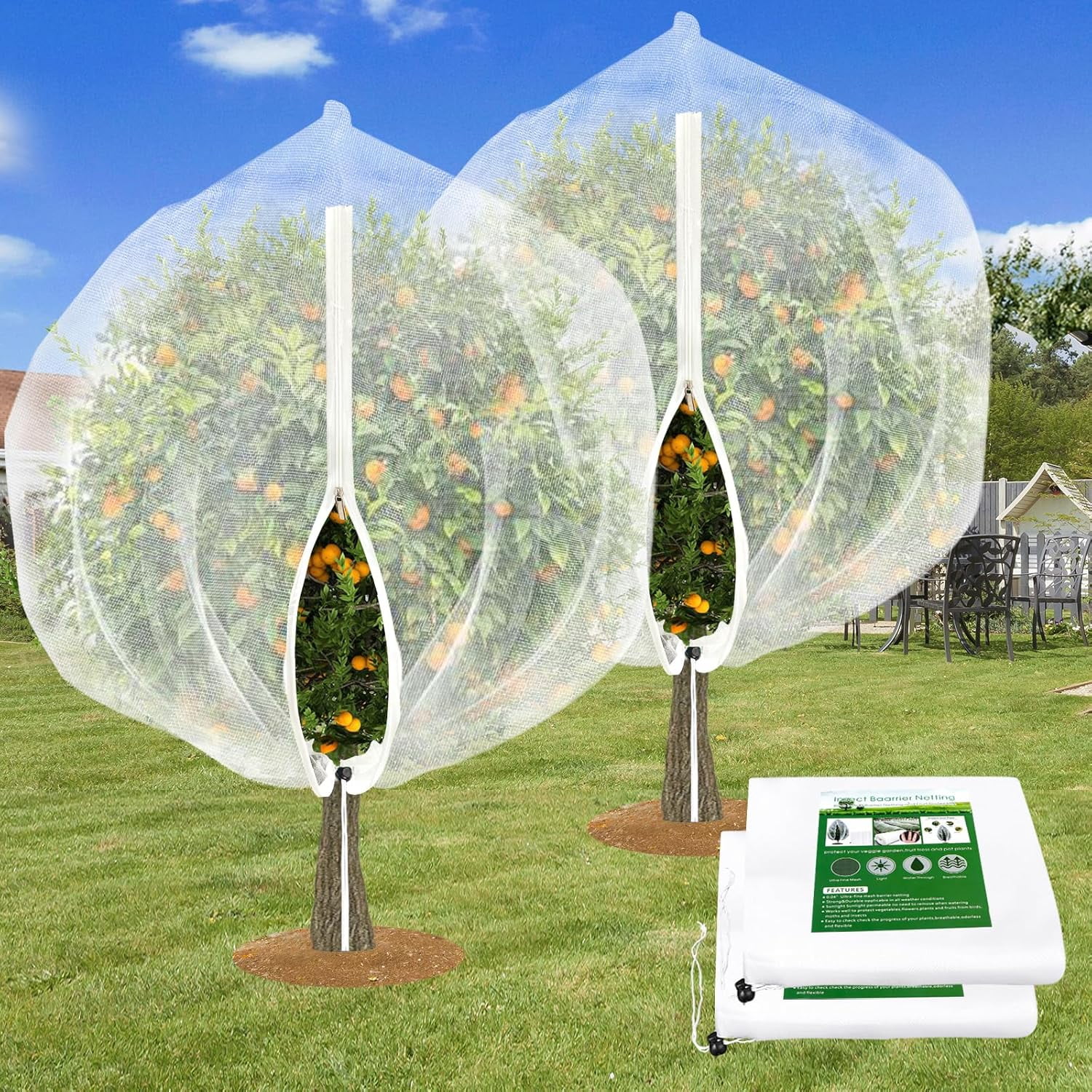 2PCS Large Fruit Tree Netting with Drawstring and Zipper, 8 * 8FT for Garden Protection, Insect Bird Netting for Fruit Trees, Protection from Anti Birds, Bugs,Cicadas, Insects