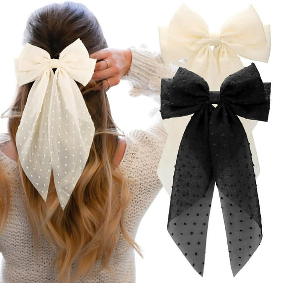 2PCS Large Hair Bows for Girls French Barrette Bowknot with Long Tail for Women