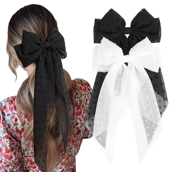 2PCS Large Hair Bows for Girls French Barrette Bowknot with Long Tail for Women
