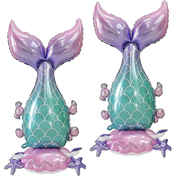 2PCS Large Mermaid Tail Balloons, Mermaid Decorations for Summer Beach Birthday Under the Sea Ocean Theme Party Supplies, Standing Foil Balloons 48 Inch