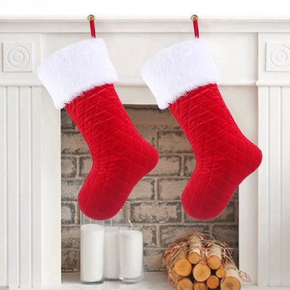 2-Piece Christmas Stockings Set, Red Quilted Holiday Stockings with White Faux Fur Cuffs for Fireplace Mantel, Christmas Tree and Home Decor