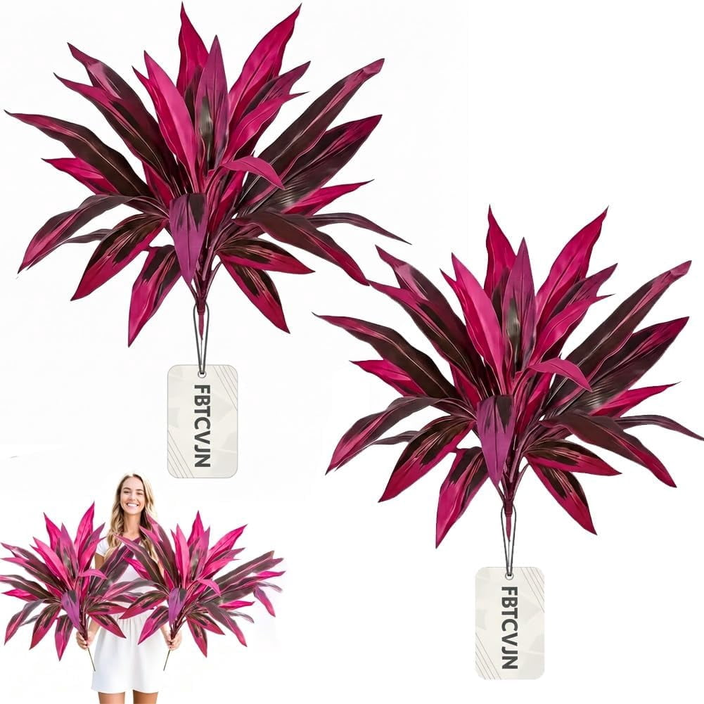 2PCS Large Realistic Artificial Boston Fern & Dragon's Blood Tree Plants with Vibrant Pink/Purple Leaves, UV Resistant Fake Ferns for Outdoors Outside Garden Patio Wedding Balcony(2pcs)