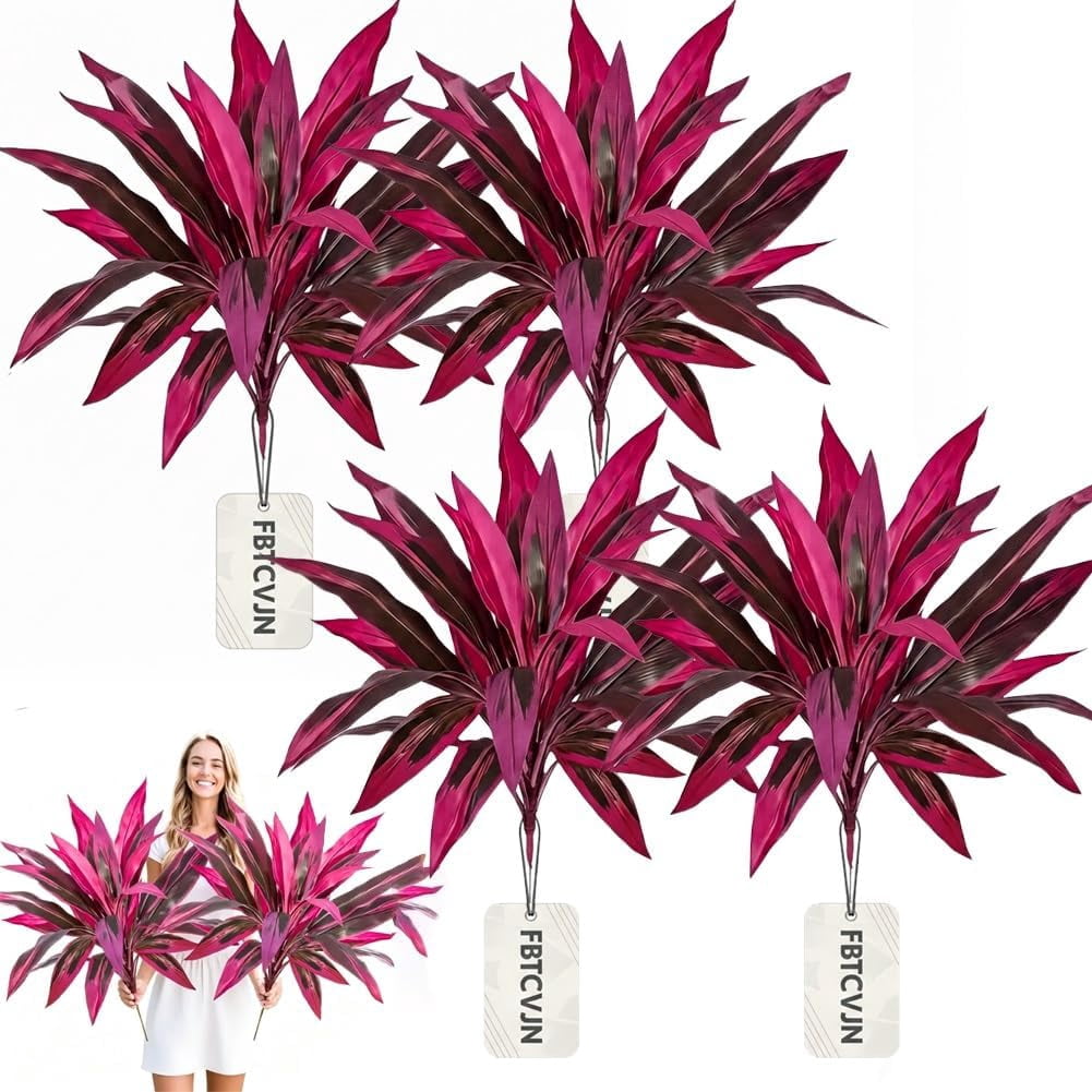 2PCS Large Realistic Artificial Boston Fern & Dragon's Blood Tree Plants with Vibrant Pink/Purple Leaves, UV Resistant Fake Ferns for Outdoors Outside Garden Patio Wedding Balcony(2pcs)
