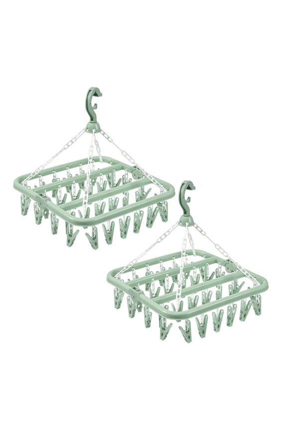 2PCS Laundry Hangers with 32 Clips,Clothespin Rack,Foldable Rack,and Rotatable Hook for Drying Socks,Bras,Towel,Underwear,Hat,Scarf,Pants,Baby Clothes,Cloth Diapers,Gloves,Handkerchiefs