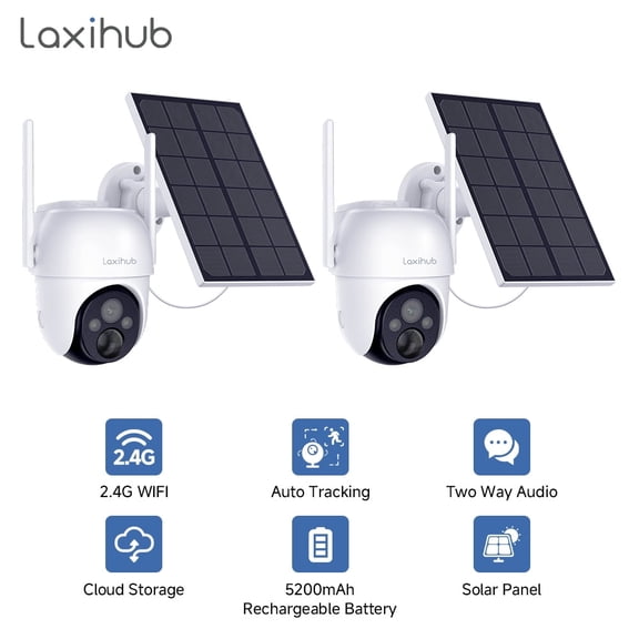 2PCS Laxihub Outdoor 2K Security Camera,2.4G WiFi,Color Night Vision,2-Way Talk, Motion Detection, Cloud & SD Card Storage up to 256G,IP65 Waterproof