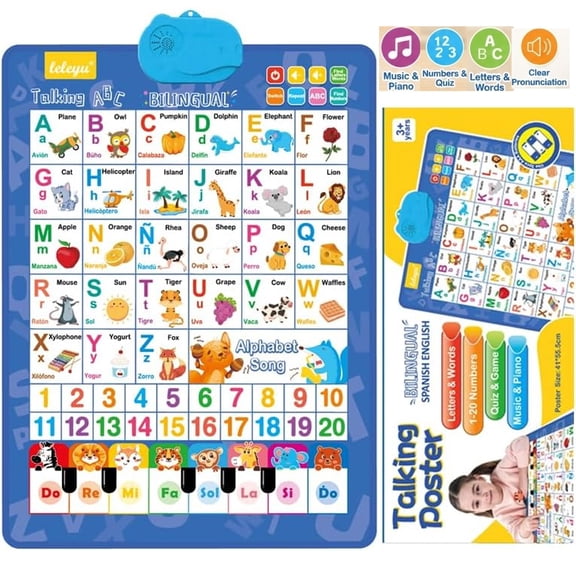 2PCS Learning Posters fToddlers 1-3 Educational Posters fToddlers 1-3 Bilingual Interactive Wall Chart with English Spanish ABC Song Sound Effects Piano Keys Animal Words Ideal fHome Preschool Use