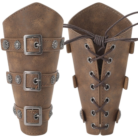 2PCS Leather Arm Guards Archery Hand Bracers PU Leather Gauntlet Wristband Renaissance Warrior Medieval Retro Adjustable Buckle Arm Armor Cuff DIY Camel