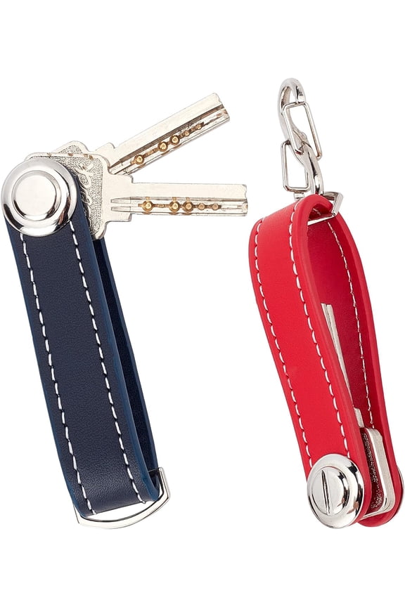 2PCS Leather Key Organizer Keychain Compact Key Holder Folding Pocket Key Holder up to 16 Keys for Mens with Stainless Steel Multi-ToolBlue red