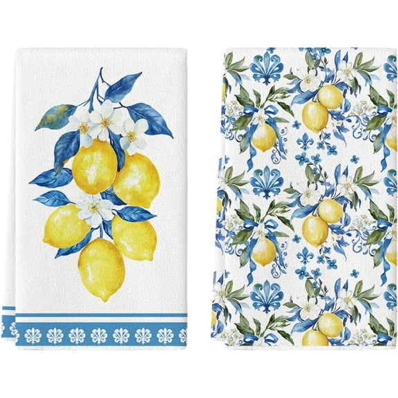 2PCS Lemon Flowers Floral Summer Kitchen Towels Dish Towels, 16x24 inch Seasonal Decoration Hand Towels