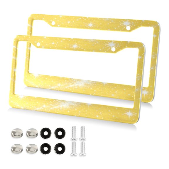 2PCS License Plate Frame Universal 12x6 Inch Stainless Steel Car Tag Holder Plate Cover with Screws Yellow Flashing Pattern Round Hole
