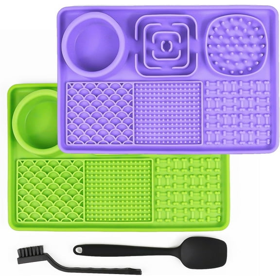 2PCS Lick Mat for Dogs and Cats, Dog Lick Mat with Suction Cups, Cat Lick Mat for Anxiety Relief, Comes with 1 Spatula and 1 Brush, Purple & Cyan
