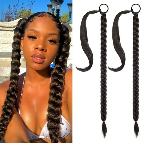 2PCS Long Braid Ponytail Extension with Hair Tie Long Straight Wrap Around Hair Extensions Ponytail Soft Synthetic Hair Black Brown 30 Inch (After Braided 27 Inch)