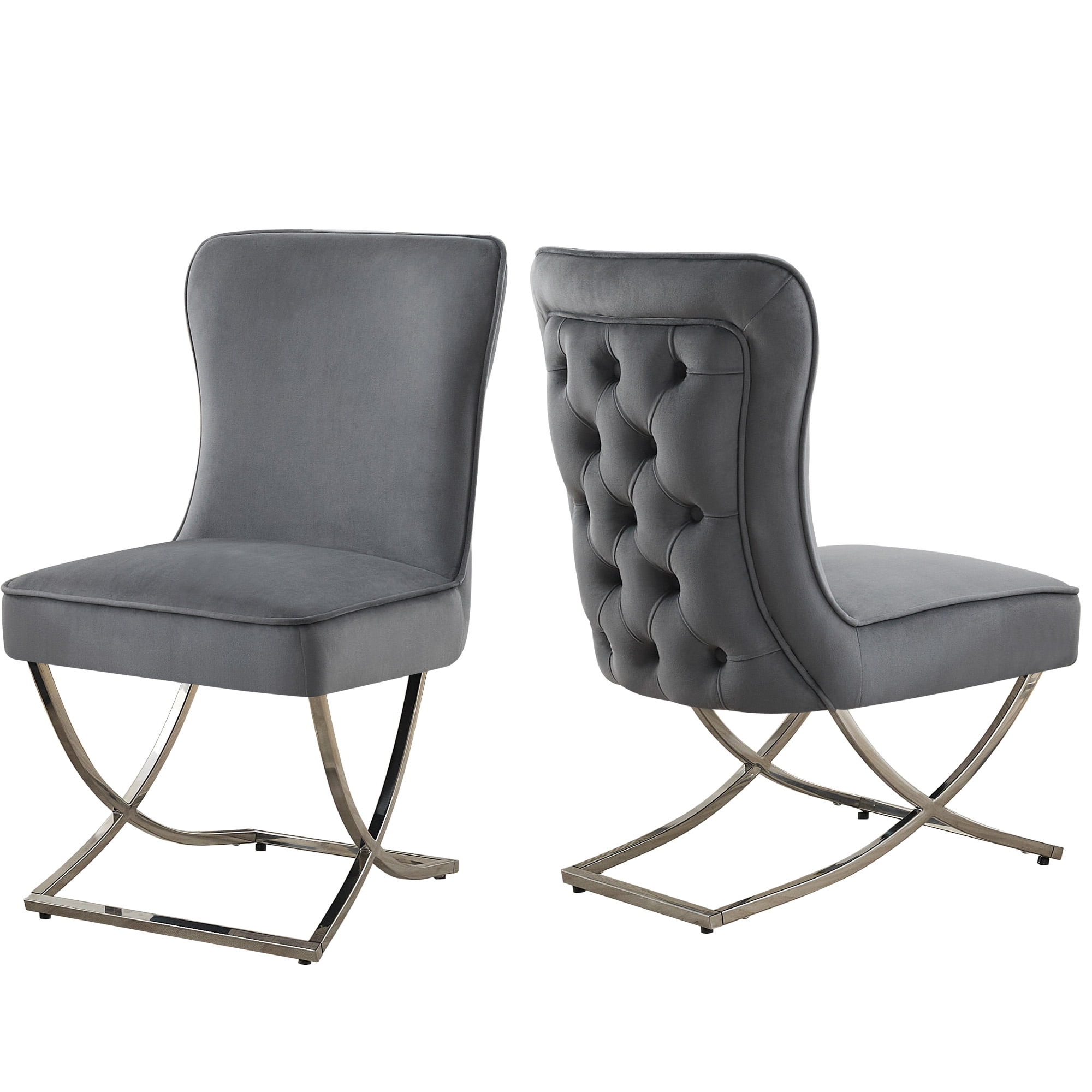 2PCS Luxury Velvet Dining Chairs, Tufted Upholstered Armless Accent Chairs with Silver Metal X-Legs, Modern Glam Dining Chair Kitchen Chairs, Dark gray