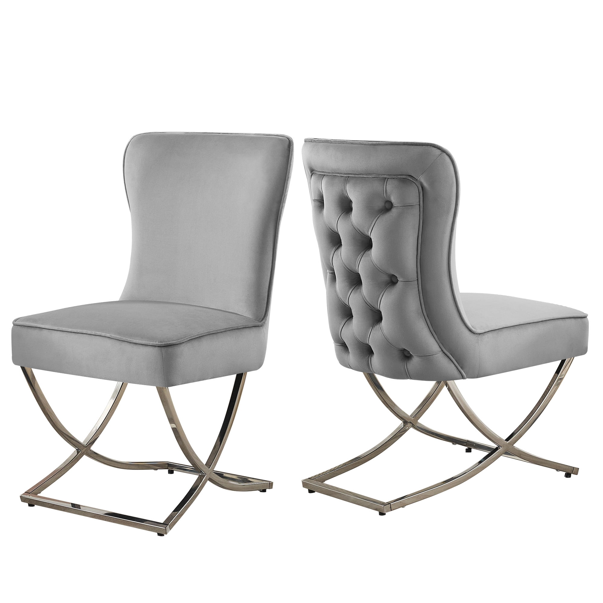 2PCS Luxury Velvet Dining Chairs, Tufted Upholstered Armless Accent Chairs with Silver Metal X-Legs, Modern Glam Dining Chair Kitchen Chairs,Light gray