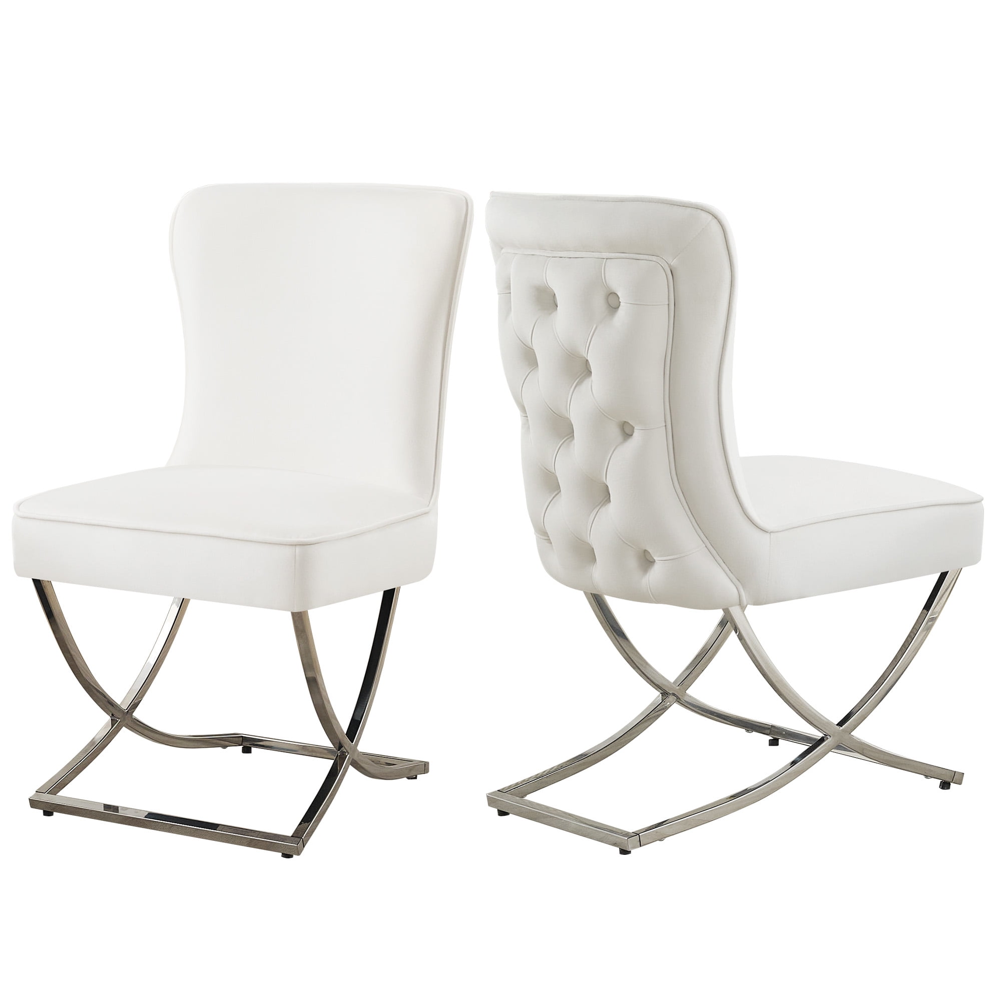 2PCS Luxury Velvet Dining Chairs, Tufted Upholstered Armless Accent Chairs with Silver Metal X-Legs, Modern Glam Dining Chair Kitchen Chairs, Beige