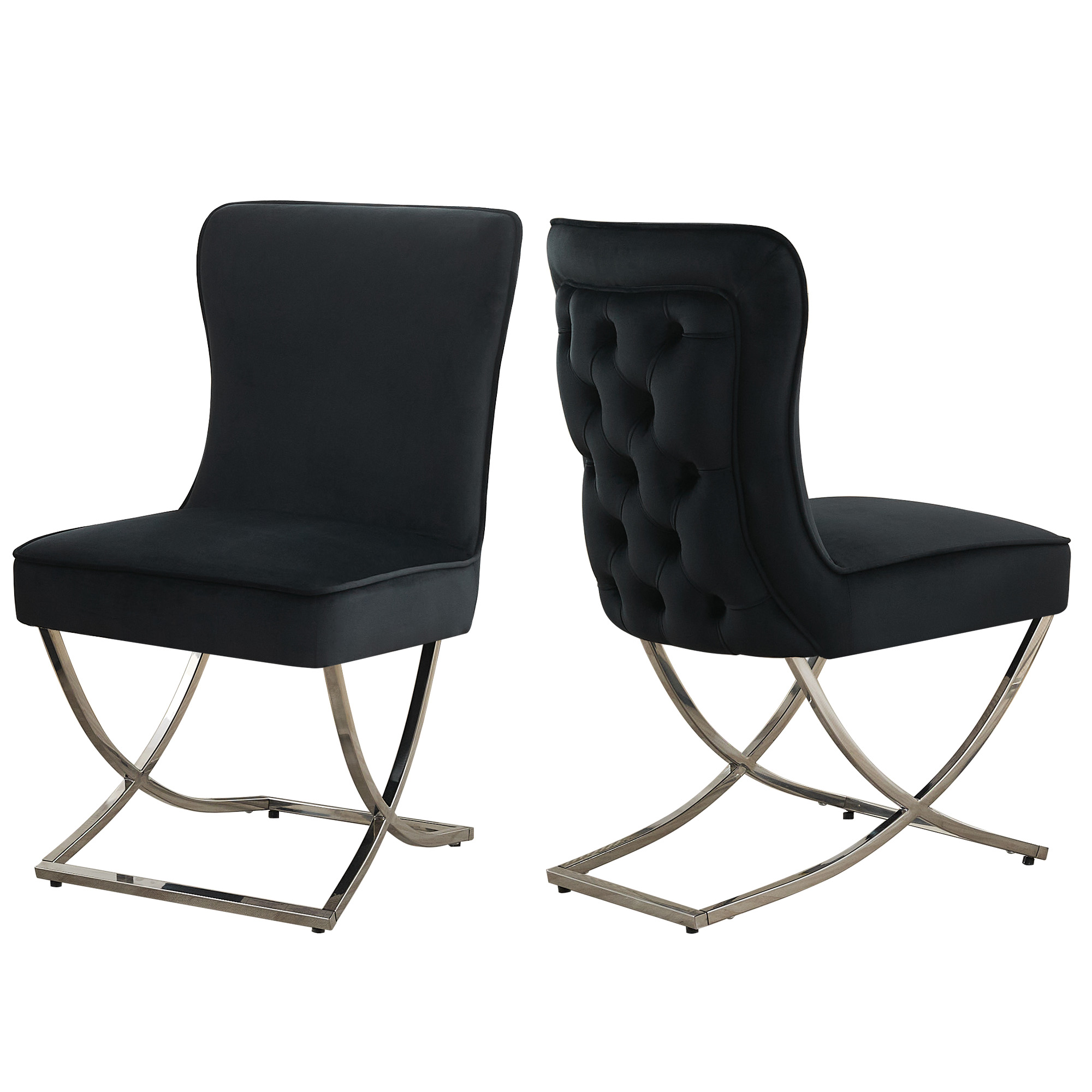 2PCS Luxury Velvet Dining Chairs, Tufted Upholstered Armless Accent Chairs with Silver Metal X-Legs, Modern Glam Dining Chair Kitchen Chairs, Black