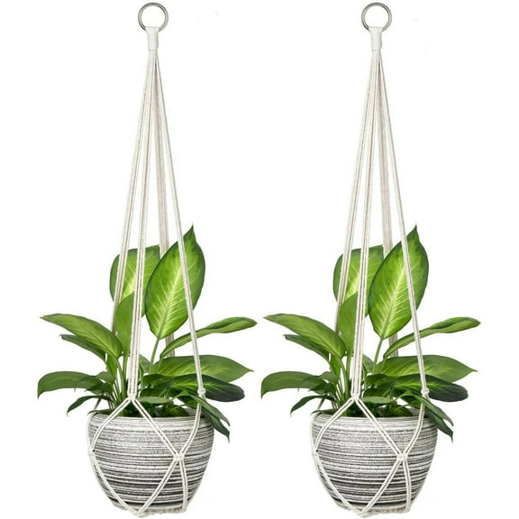 2PCS Macrame Plant Hanger Indoor Hanging Planter Basket Handmade Woven Cotton Rope Flower Pot Decorative Crochet Plant Holder Stand for Boho Home Decor No Tassels,35 Inch