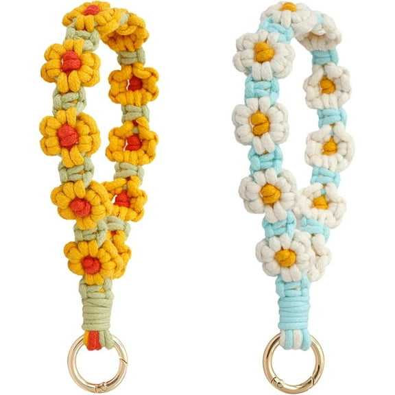 2PCS Macrame Wristlet Keychain Daisy Weave Bracelet Handmade Wrist Lanyard Boho Rope Keyring Phone Holder for Women Girl