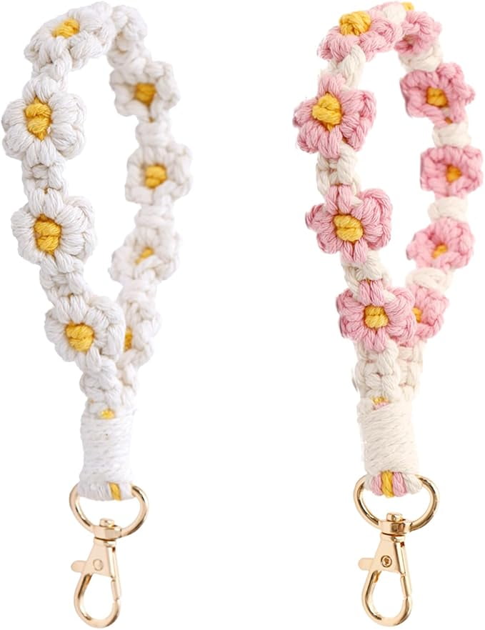 Boho Macrame Keychain - Handmade Daisy Weave Wristlet, Adjustable Bracelet Keyring For Women, Pink Flower Design