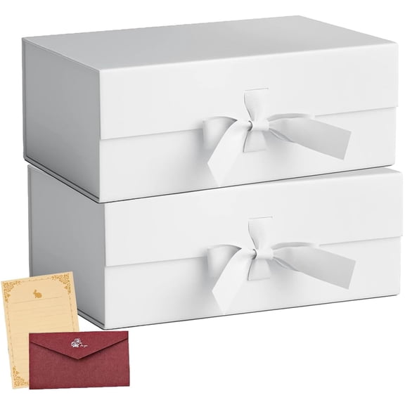 2PCS Magnetic Gift Box with Ribbon,31 * 27 * 8.8CM Extra Large Gift Boxes,Foldable White Gift Box with Lids,Gift Boxes for Presents for Wedding Birthday Anniversary Festival Gifts