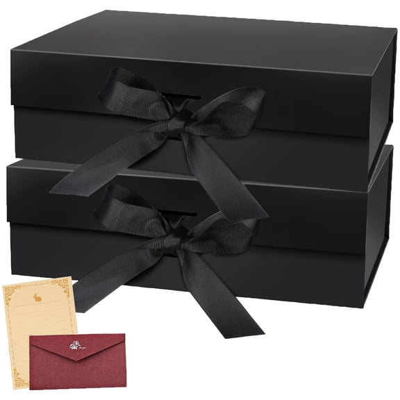 2PCS Magnetic Gift Box With Ribbon - Extra Large 31 * 27 * 8.8CM Black Foldable Box With Lid for Wedding, Birthday, Anniversary, Festival Presents