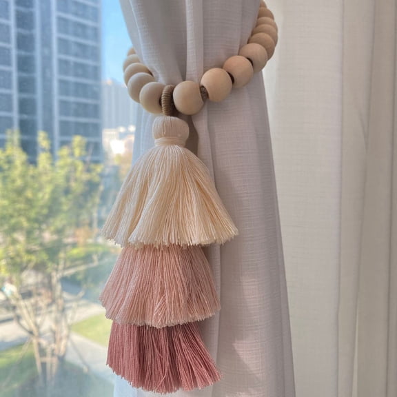 2PCS Magnetic Wood Beads Curtain Tiebacks, Boho Tassel Pendant Curtain Holdbacks Office Home Decorations