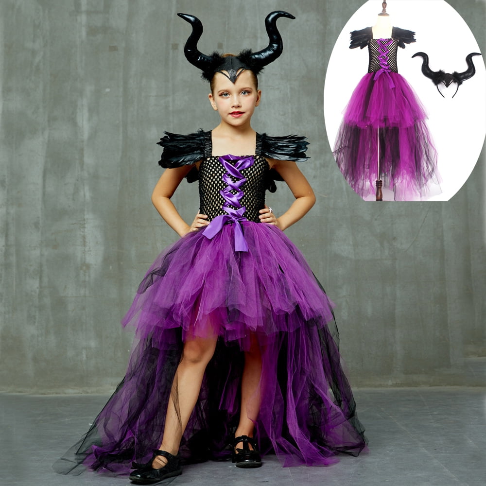 2PCS Maleficent Kids Halloween Costume Girls Black Devil Tutu Fancy ...