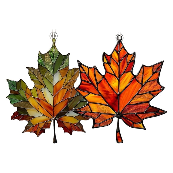 2PCS Maple Leaves Acrylic Glass Suncatcher Ornament, Fall Maple Leaves Hanging Ornament, Window Hanging, Wall Art Decor Pendant for Fall Thanksgiving Christmas Decorations
