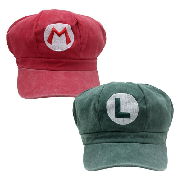 2PCS Mario Luigi Hat for Adults Kids Bros Costume Cap Vintage Wash Style Beret