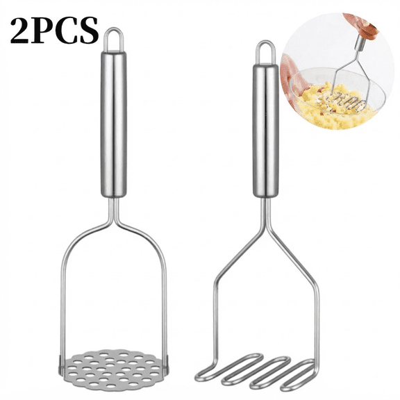 2PCS Mashed Potato Masher - Stainless Steel Potato Smasher, Masher Kitchen Tools & Utensils for Avocado, Bean, Salad, Vegetables, Fruit, Food, Meat Smasher Tool for Ground Beef