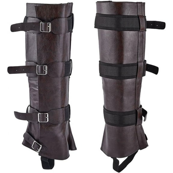 2PCS Medieval Knight Leg Guards Covers Renaissance Leather Knight Leg Gaiters Coconut Brown Steampunk Adjustable Belt Buckle Pirate Armor for Cosplay Costume