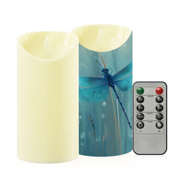 2PCS Medium Flameless Candles Lamp Flameless Candles Slanted Candle Lamp Home Decoration Festive Decoration Blue Dragonfly Perched