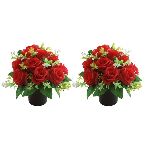 2PCS Memorial Silk Flower Arrangements - Artificial Roses & Chrysanthemums in Grave Pot, Durable Cemetery Decor for Graves, Headstones, Home & Funeral Tributes