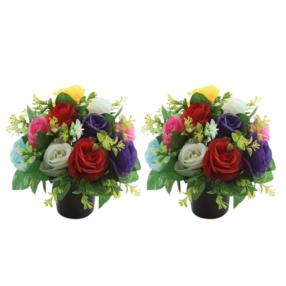 2PCS Memorial Silk Flower Arrangements - Artificial Roses & Chrysanthemums in Grave Pot, Durable Cemetery Decor for Graves, Headstones, Home & Funeral Tributes