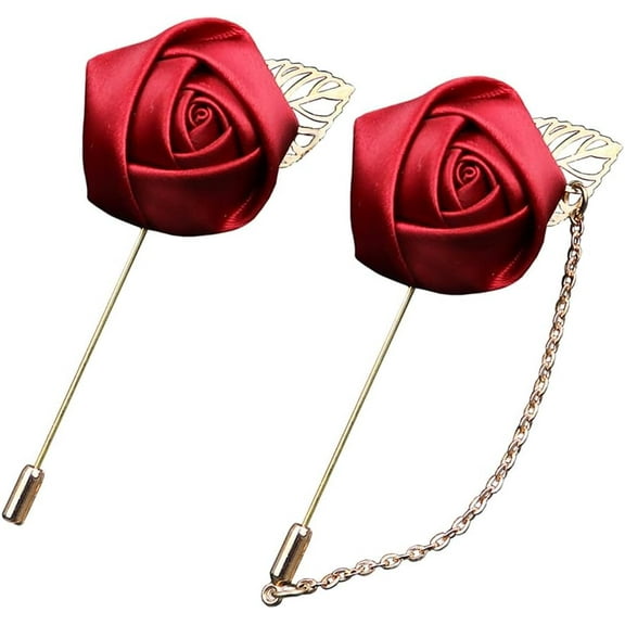 2PCS Men Cloth Rose Flower Lapel Pin for Men, Red Blue Rose Floral Chain Brooch,Handmade Boutonniere Pins for Suit,Lapel Pin Wedding Brooch