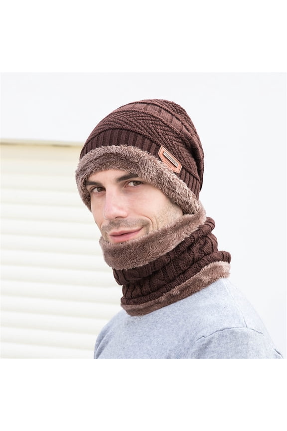 2PCS Men's Winter Hat Cap Collar Set Plus Velvet Thick Knit And Muffler