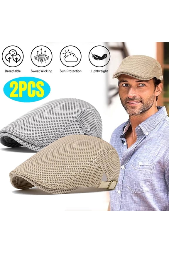 2PCS Mens Breathable Mesh Hat Adjustable Flat Cap Newsboy Beret Ivy Cap Irish Cabbie Fishing Hats