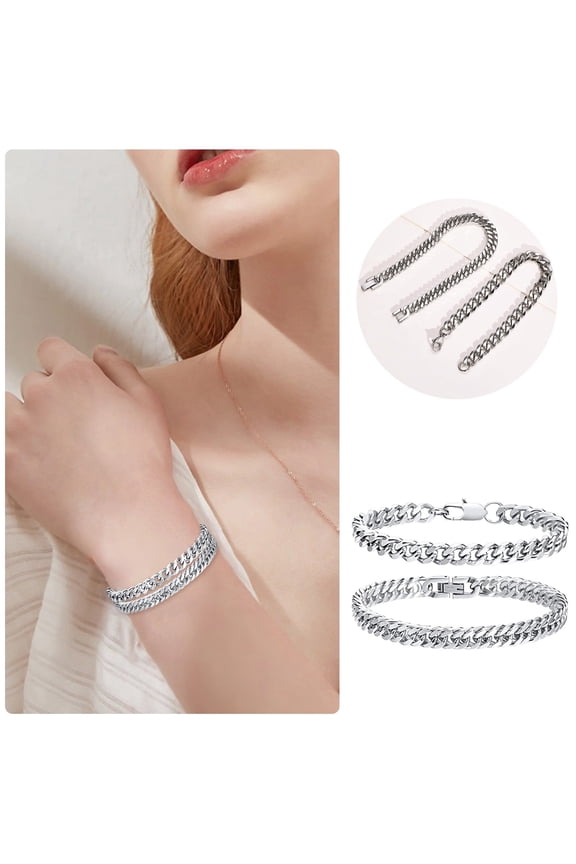 2PCS Mens Curb Chain Bracelet Silver Stainless Steel Hop Rapper Unisex Hand Jewelry 2PCS