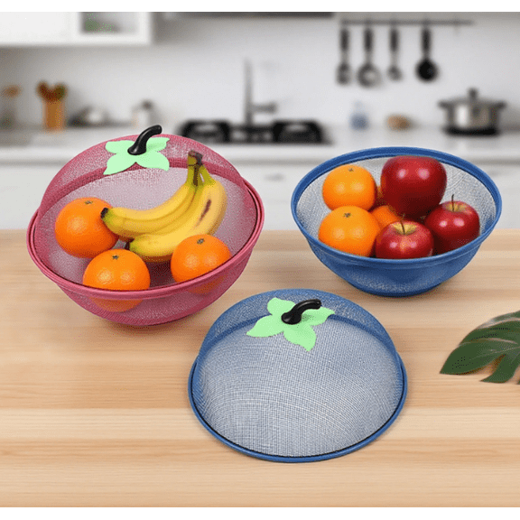 2PCS Mesh Fruit Basket with Lid, Stainless Steel Cover 11 Inches Fruit Bowl Metal Wire Holder Strainers Kitchen Accessories for Food Vegetable 9.6in