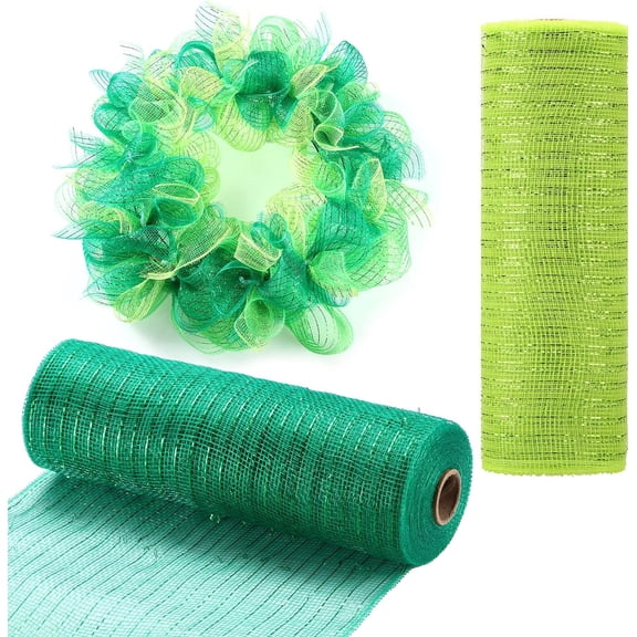 2PCS Mesh Ribbon Poly Metallic Mesh Foil Rolls 10 Inch x 30 Feet for DIY Christmas Wreath Craft Swags Easter St Patrick's Day Spring Decorating