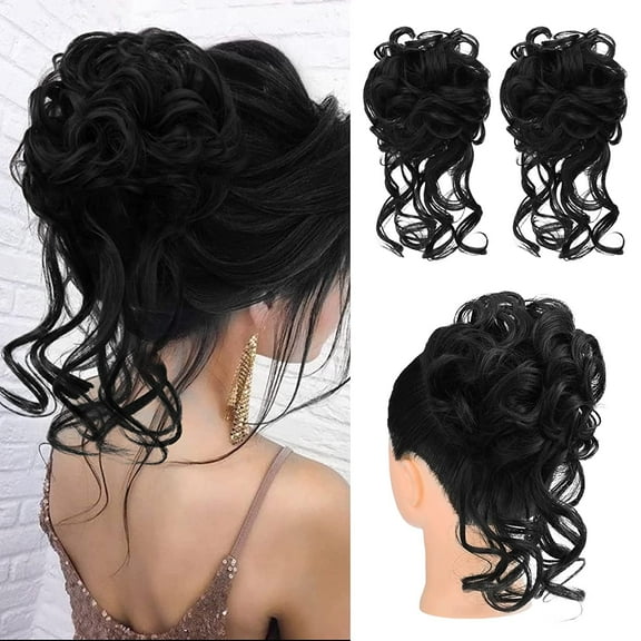 2PCS Messy Bun Hair Piece, Tousled Updo with Tendrils Hair Bun Extensions Wavy Curly Hair Wrap Ponytail Hairpieces Hair Scrunchies for Women HB010 Dasiy - Black