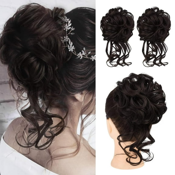 2PCS Messy Bun Hair Piece, Tousled Updo with Tendrils Hair Bun Extensions Wavy Curly Hair Wrap Ponytail Hairpieces Hair Scrunchies for Women HB010 Dasiy - Dark Brown