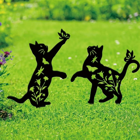 2PCS Metal Cat Garden Decor Playing Cats Black Silhouette Outdoor Decor Animals Metal Garden Stakes Outdoor Decorative Yard Art Statue for Yard Lawn Patio Gift for Gardeners Cats Lover