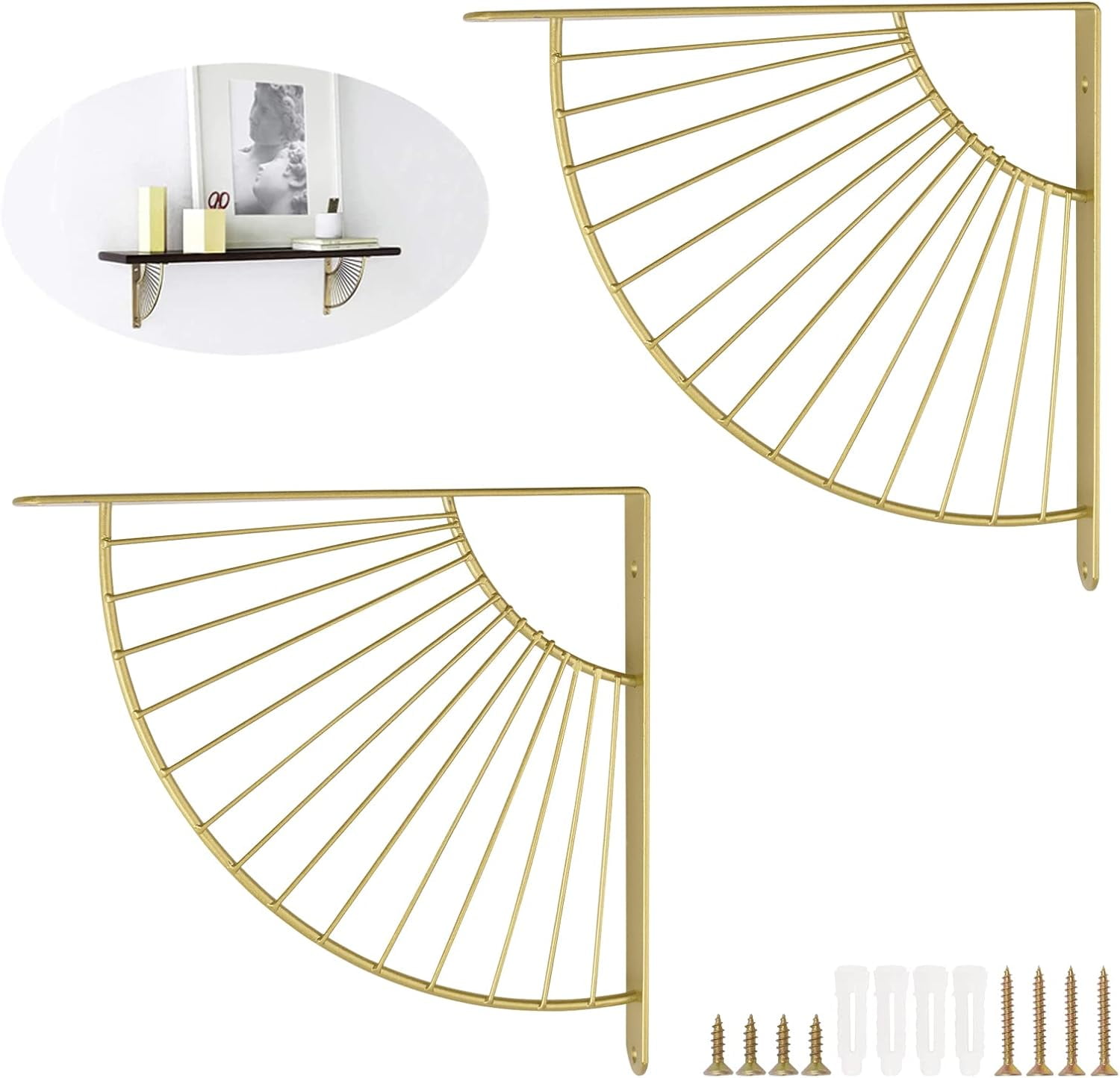 2PCS Metal Craft Gold Bracket Floating Shelves Fan-Shaped Shelf Brackets Wall Hanging Decoration Sector Bracket for Home Office Restaurant Decor, Gold-25CM