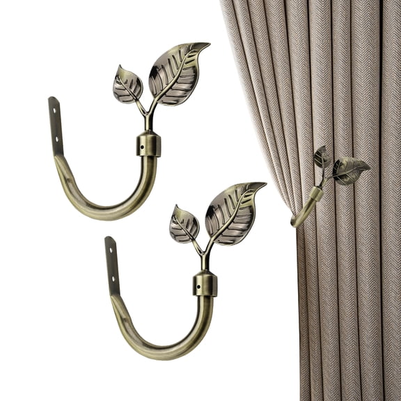 2PCS Metal Double-Leaf Curtain Holdbacks, Drill-Installation Curtain Holder with 360 Rotatable Leaves, Decorative U-Shaped Hook Tiebacks for Drapes, Sheers & Swags, Antique Bronze Home Decor