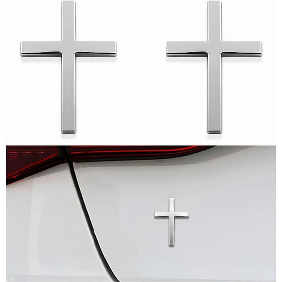 2PCS Metal Jesus Christ Cross Badge Stickers, 2.5"×1.8" Alloy 3D Individual Car Cross Sticker, Self Adhesive Scratch Covering Metal Cross Auto Emblem Decal for Car Body Fender Tail (Silver)
